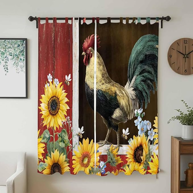 Chicken Sunflowers Living Room Curtains 84 Inch Length, Window Curtains Tab Top, Farmhouse Animals Red Barn Bees Light Filtering Window Treatments Drapes 52"x84" 2 Panel