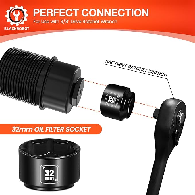 BLACKROBOT 32mm Low Profile Oil Filter Socket, 3/8" Drive 6-Point Oil Filter Cap Remover and Installer Tool, Chrome Vanadium Steel