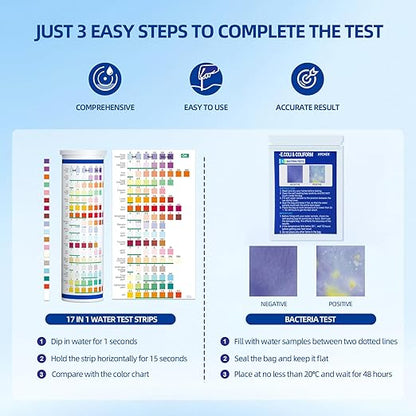 21 in 1 Accurate Drinking Water Testing Kits, 145 Strips + 4 Bacteria Tests, Well and Tap Water Test Kit, Home Test Strips for Lead, Fluoride, Chlorine, Hardness, pH, Iron, Copper, and More