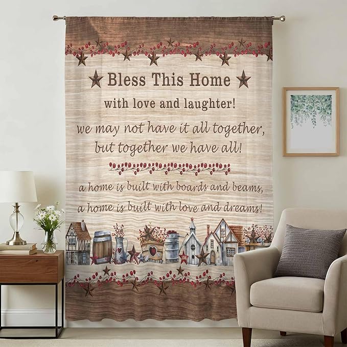 Farmhouse Sheer Curtains 54 Inch Length Brown Country Star Berry Vintage Wood Grain Chiffon Curtain for Bedroom Living Room Light Filtering Window Treatments Voile Curtains Drapes for Kitchen