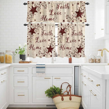 Kitchen Curtains Tiers and Valance Set of 3, Vintage Country Light Filtering Window Curtain Set, Vintage Rustic Texas Stars Plants Branch Rod Pocket Curtain Drapes for Living Room, 36 Inches Tiers