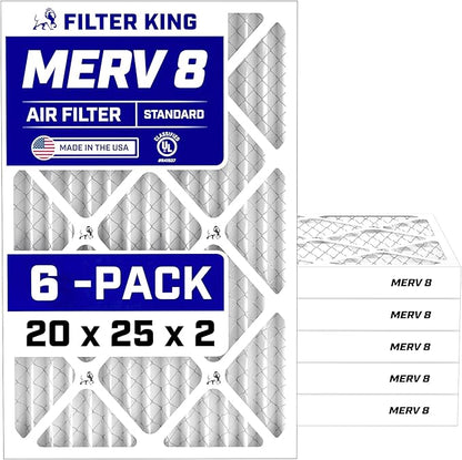 Filter King 20x25x2 Air Filter | 6-PACK | MERV 8 HVAC Pleated A/C Furnace Filters | MADE IN USA | Actual Size: 19.5 x 24.5 x 1.75"