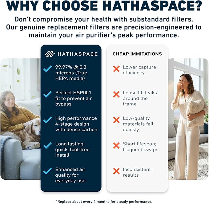 HATHASPACE HSP002 H13 True HEPA Filter Replacement, 4-Stage Air Purifier Filter with Activated Carbon, Zeolite, Pre-Filter & Cold Catalyst, Captures Dust, Smoke, Odors, VOCs, Easy to Install, 1 Pack