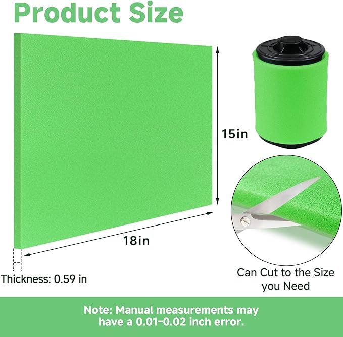Washable Foam Filter Material for Uni Filter BF-1 BF1, 65-PPI Motorcycle Foam Air Filter Sheet, Cut-to-Size Pre-Filter Sponge for ATV/UTV Dirt Bike Lawn Mower Engines,15''x18''x5/8'', Green