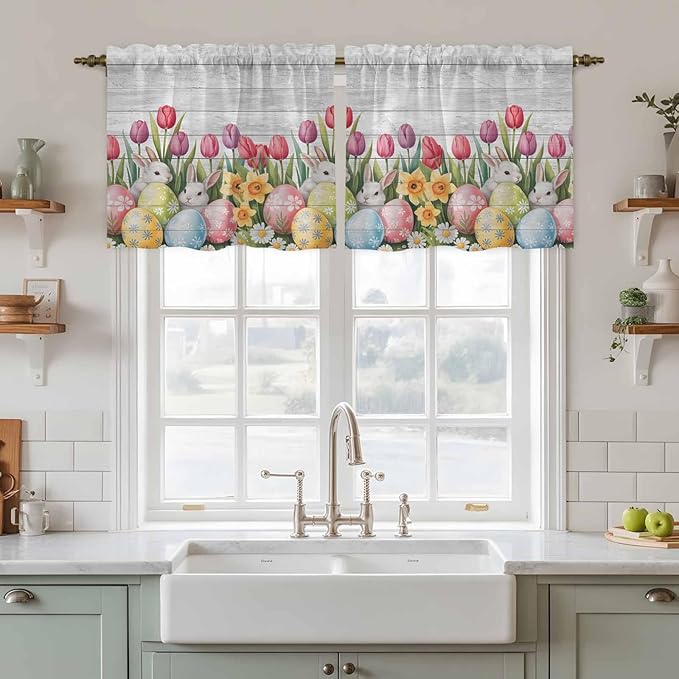 Easter Kitchen Tier Curtains 24 Inch Long 2 Panel Set,Rod Pocket Cafe Small Window Curtains Over Sink,Retro Spring Bunny Eggs Tulip Farm Wooden Grain Light Filtering Short Drapes 27.5"W x 24"L