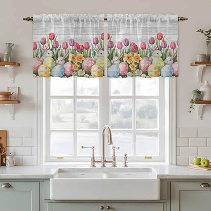 Easter Kitchen Tier Curtains 24 Inch Long 2 Panel Set,Rod Pocket Cafe Small Window Curtains Over Sink,Retro Spring Bunny Eggs Tulip Farm Wooden Grain Light Filtering Short Drapes 27.5"W x 24"L