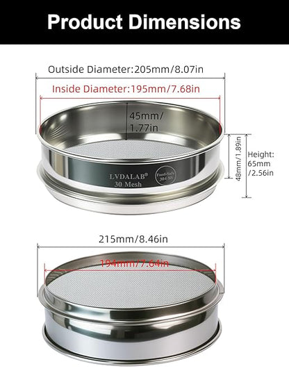 All 304 Stainless Steel 30 Mesh Test Sieve (0.6mm Aperture), 8 Inch/20cm Diameter, Lab Sieve & Filter, Durable Metal Mesh Sifter for Glass Beads, Crystal & Material Testing