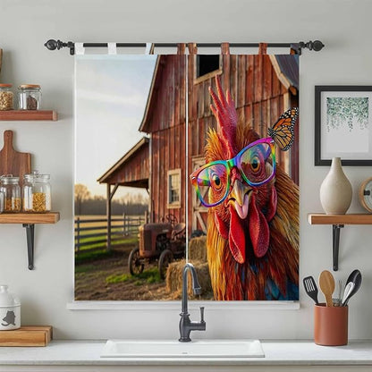 Farm Rooster Bathroom Curtains 63 Inch Length, Window Curtains Tab Top, Farmhouse Barn Funny Animals Butterfly Light Filtering Window Treatments Drapes 52"x63" 2 Panel