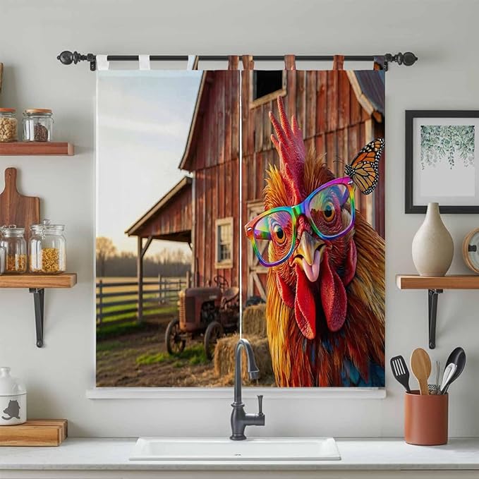 Farm Rooster Living Room Curtains 84 Inch Length, Window Curtains Tab Top, Farmhouse Barn Funny Animals Butterfly Light Filtering Window Treatments Drapes 42"x84" 2 Panel