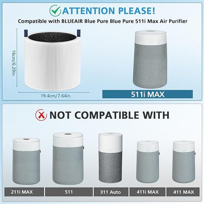 2-pack 511i MAX Replacement Filter Compatible with BLUEAIR HEPASilent Air Cleaner, Blue Pure F5MAX, Model Blue Pure 511i Max