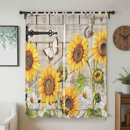 Farm Flowers Living Room Curtains 84 Inch Length, Window Curtains Tab Top, Retro Sunflowers Barn Doors Butterfly Wood Board Light Filtering Window Treatments Drapes 52"x84" 2 Panel