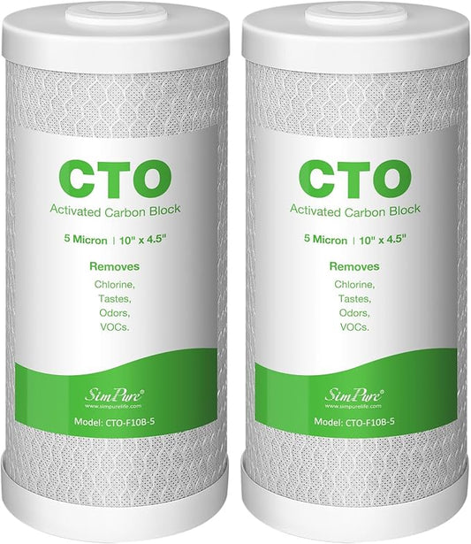 SimPure Whole House Water Filter Cartridges 5 Micron 10" x 4.5" CTO Activated Carbon Block, For DB10P, DB10C-2, GE GXWH40L, GXWH35F, BB10, FXHTC, FC15B, 2 Pack