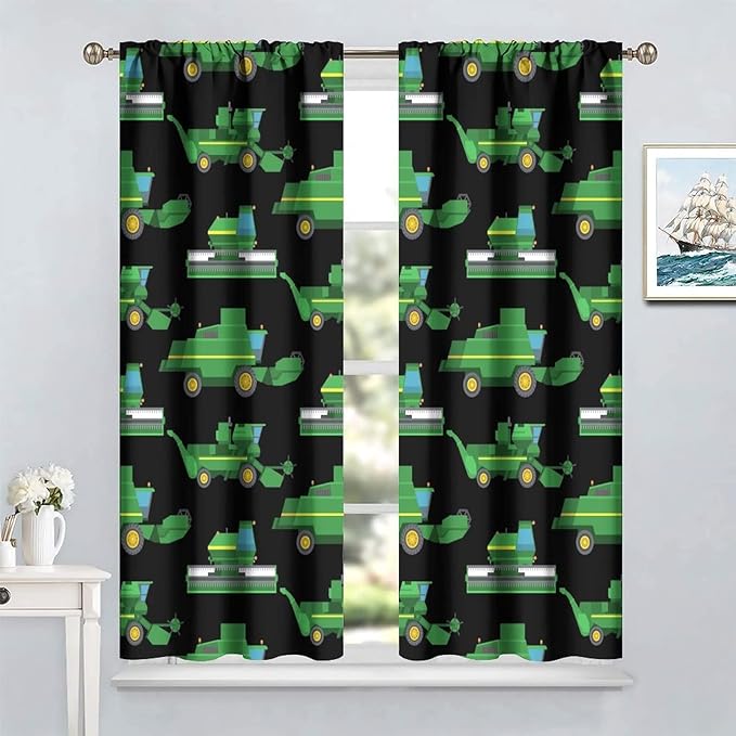 Kids Agriculture Machine Window Curtains, Farm Equipment Tractors Transport Combines Rod Pocket Decorative Windows Curtain for Boys Children Teens Room Decor 63x72in (30% Blackout)