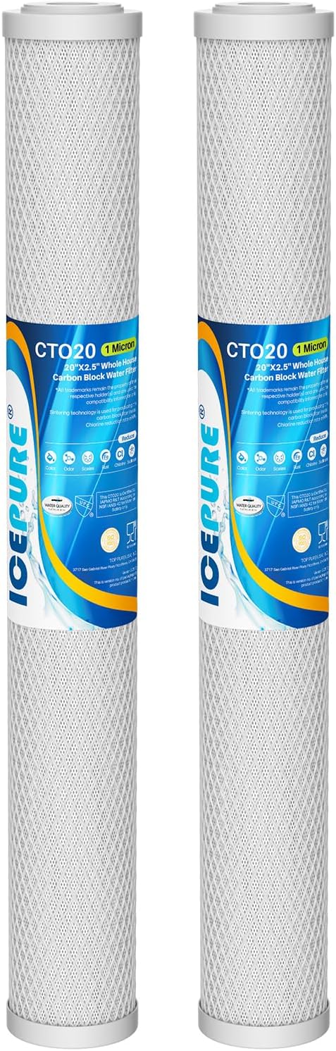 ICEPURE 1 Micron 20" x 2.5" Whole House CTO Carbon Sediment Water Filter Cartridge, 20-inch Sediment Pre-Filtration Compatible with C1-20, EP-20, HX-CB-25-2010, F3WCB32, 2PACK