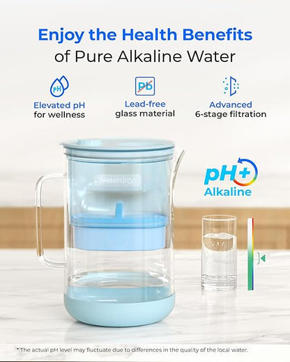 Waterdrop Large Glass Alkaline Water Filter Pitcher with 1 Filter, Enhances Alkaline Water, Eco-Friendly, 10-Cup, for Home and Office, Reduces PFOA/PFOS, Chlorine, Cadmium, Copper, Mercury, Blue