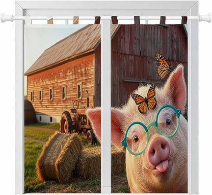 Farm Pig Living Room Curtains 84 Inch Length, Window Curtains Tab Top, Farmhouse Barn Funny Animals Butterfly Light Filtering Window Treatments Drapes 42"x84" 2 Panel