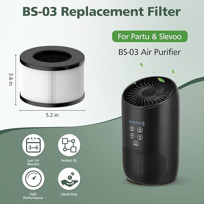 BS-03 HEPA Replacement Filter Compatible with PARTU and Slevoo BS-03 HEPA Air Purifier with 3-in-1 Filtration System, 1 Pack