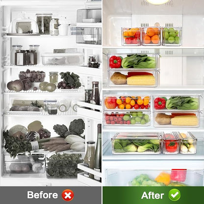 6 Pack Fridge Organizer, Stackable Refrigerator Organizer Bins with Lids, BPA-Free Fridge Organizers and Storage Containers for Fruit, Vegetable, Food, Drinks, Cereals, Clear