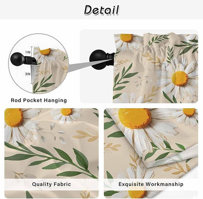 Spring Daisy Kitchen Curtains, Country Watercolor Flower Leaf Plant Light Filtering Window Curtain Panels, 2Pcs Rod Pocket Window Treatments Set for RV Dining Room Study Room 42x54 Inches