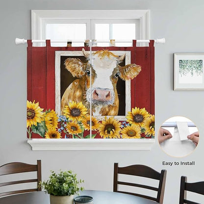 Cows Sunflowers Bedroom Curtains 63 Inch Length, Window Curtains Tab Top, Spring Floral Bees Farmhouse Barn Light Filtering Window Treatments Drapes 42"x63" 2 Panel