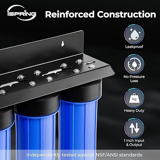 iSpring WGB32B-MKS+AHPF12MNPT16X2 3-Stage Whole House Water Filter System w/ 3/4'' Push-Fit Stainless Steel Hose Connectors, Reduces Iron, Hydrogen Sulfide, Lead, Chlorine, Chloramine, Manganese