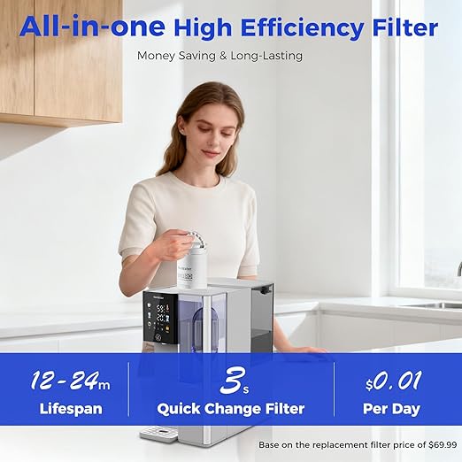 C5 Countertop Reverse Osmosis Water Filter, Hot and Cold RO System-3s Instant Hot, 6 Temp Settings 7-Stage RO Filtration Dispenser, NSF/ANSI372/42/58, Portable Pitcher, 3:1 Pure to Drain