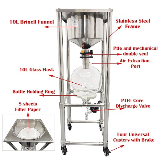 Glass Vacuum Filter Lab Vacuum Filtration Extraction Apparatus with 10L Brinell Funnel/10L Glass Flask Negative Pressure Stainless Steel Vacuum Filter Kit for Liquid Extraction
