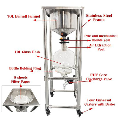 Glass Vacuum Filter Lab Vacuum Filtration Extraction Apparatus with 10L Brinell Funnel/10L Glass Flask Negative Pressure Stainless Steel Vacuum Filter Kit for Liquid Extraction