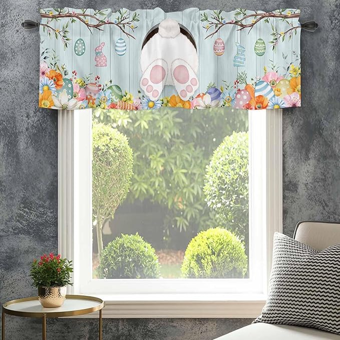 Easter Bunny Curtain Valances for Windows, Kitchen Valance Window Treatment, Easter Eggs Spring Farmhouse Wood Grain Teal Blue Light Filter Block Curtains for Bathroom/Bedroom/Living Room 60'' x 18''