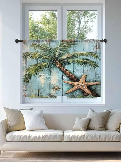 Sheer Curtains 54 Inch Length, Coastal Blue Green Tree Semi Sheer Curtains Light Filtering Window Treatment, Beach Tropical Vintage Wood Grain Privacy Voile Drapes for Living Room Bedroom 52x54 Inch