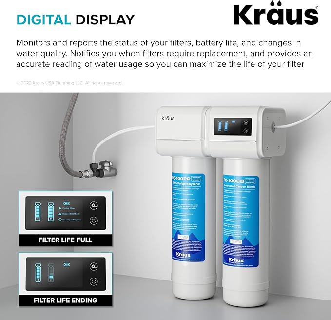KRAUS Purita 2-Stage Carbon Block Under-Sink Water Filtration System with Digital Display Monitor, FS-1000, White