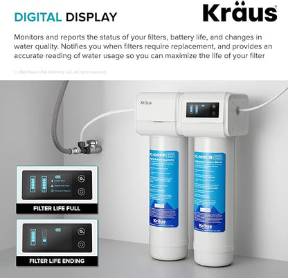 KRAUS Purita 2-Stage Carbon Block Under-Sink Water Filtration System with Digital Display Monitor, FS-1000, White
