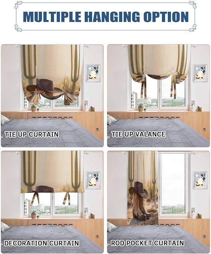 Tie Up Curtains for Windows, Cowboy Western Adjustable Balloon Nature Linen Textured Kitchen Curtain, Cowboy Hats Boots Desert Cacti Vintage Decorative Tie Up Curtain for Window, 52" x 45"