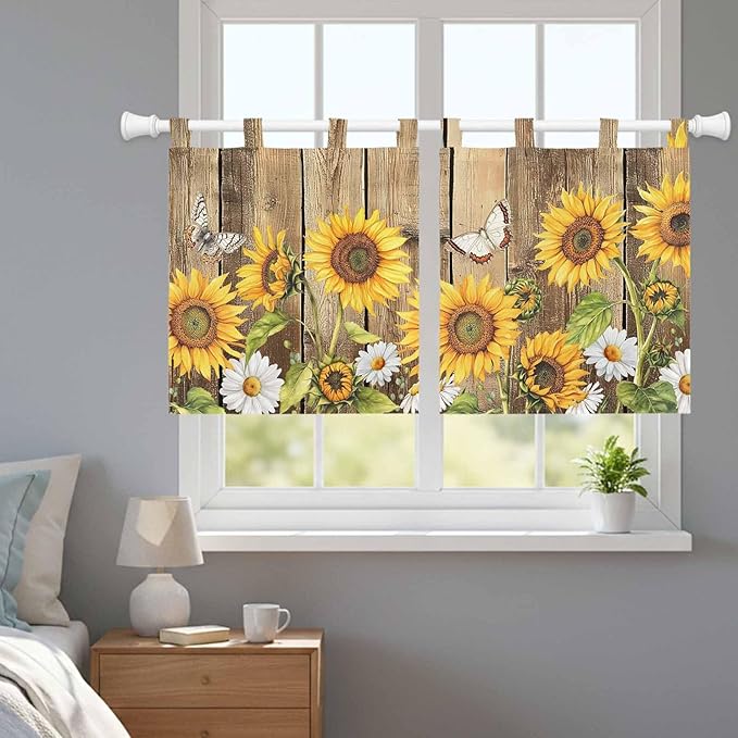 Farmhouse Sunflowers Kitchen Curtains 24 Inch Length, Small Window Curtains Tab Top, Rustic Floral Buttterfly Wood Board Brown Light Filtering Short Window Treatments Tier Drapes 27.5"x24" 2 Panel