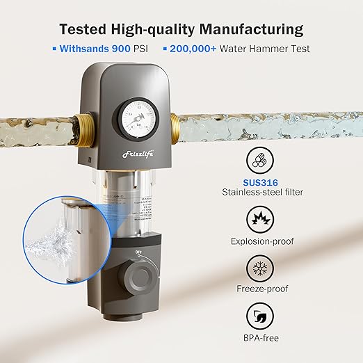 Frizzlife 40 & 100 Micron Spin Down Sediment Water Filter with Pressure Display and Built-in Scraper, Reusable and Flushable Whole House Pre-Filtration System, 1" + 3/4" NPT, BPA Free, JG40-100