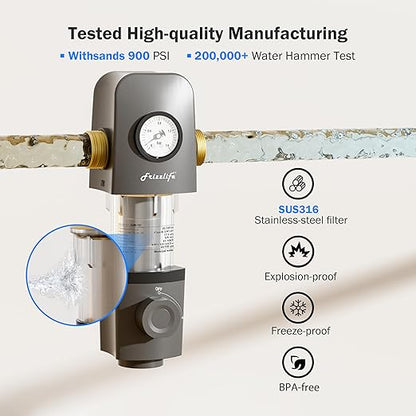 Frizzlife 40 & 100 Micron Spin Down Sediment Water Filter with Pressure Display and Built-in Scraper, Reusable and Flushable Whole House Pre-Filtration System, 1" + 3/4" NPT, BPA Free, JG40-100