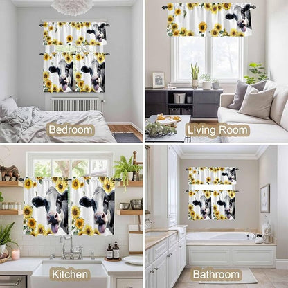 Kitchen Curtains Tiers and Valance Set of 3, Cow Sunflowers Light Filtering Window Curtain Set, Spring Botanical Floral Flowers Animals Rod Pocket Curtain Drapes for Cafe, Living Room, 24 Inches Tiers
