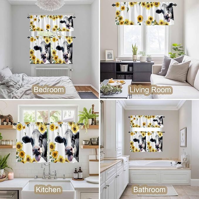 Kitchen Curtains Tiers and Valance Set of 3, Cow Sunflowers Light Filtering Window Curtain Set, Spring Botanical Floral Flowers Animals Rod Pocket Curtain Drapes for Cafe, Living Room, 36 Inches Tiers