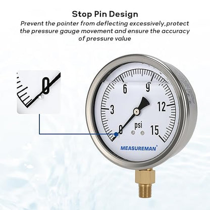 MEASUREMAN Glycerin Filled Plumbing Pressure Gauge 0-15psi Stainless Steel Case, 4" Dial 1/4" NPT Brass Lower Mount, Suitable for Water Systems, Pneumatic Equipment, RVs, Home Plumbing