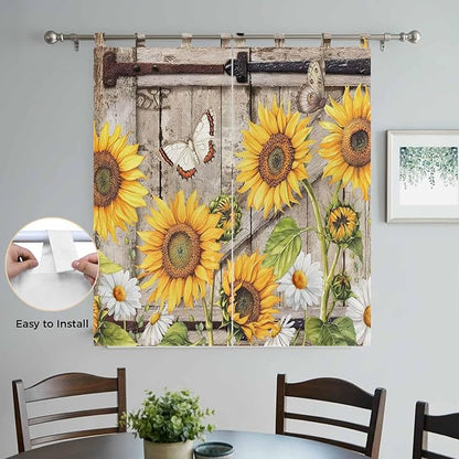Farmhouse Sunflowers Bathroom Curtains 63 Inch Length, Window Curtains Tab Top, Rustic Barn Doors Flowers Butterfly Wooden Light Filtering Window Treatments Drapes 52"x63" 2 Panel