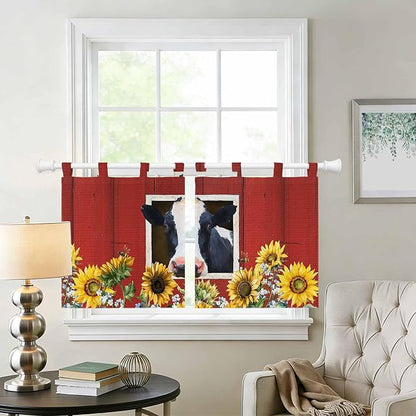 Cow Sunflowers Kitchen Curtains 24 Inch Length, Small Window Curtains Tab Top, Botanical Floral Leaves Bees Farm Barn Light Filtering Short Window Treatments Tier Drapes 27.5"x24" 2 Panel