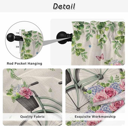 Farmhouse Spring Tier Curtains, Retro Bicycles Flowers Vines Butterfly Light Filtering Kitchen Curtains, 2Pcs Rod Pocket Half Window Treatments Panels for Sink Cafe Cabinet Camper 27.5x36 Inches