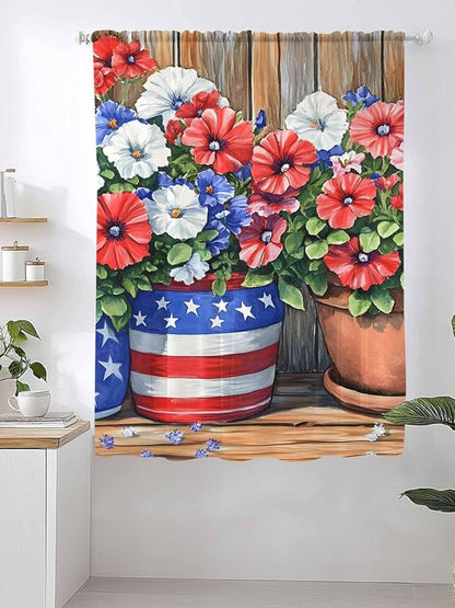Sheer Curtains 63 Inch Length, Red Blue Flower Semi Sheer Curtains Light Filtering Window Treatment, Retro Independence Day Flag Wood Grain Privacy Voile Drapes for Living Room Bedroom 52x63 Inch