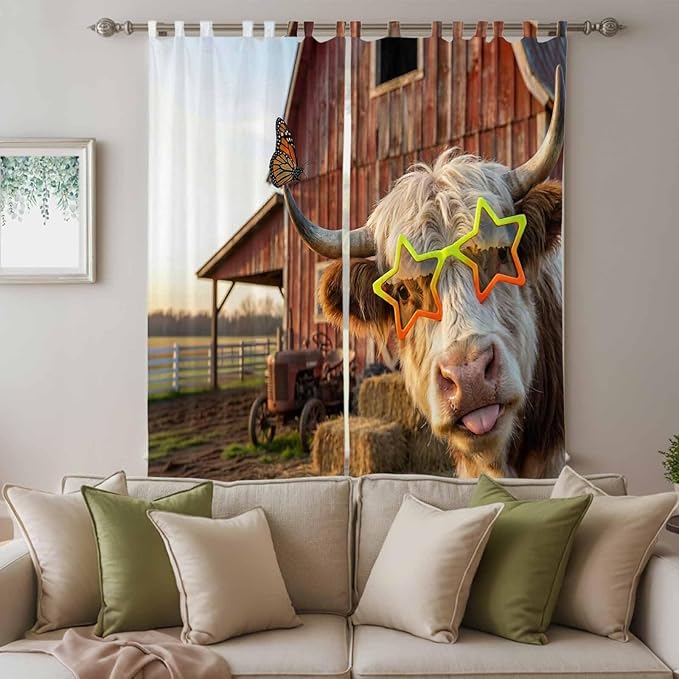 Farm Yaks Living Room Curtains 84 Inch Length, Window Curtains Tab Top, Farmhouse Barn Funny Animals Butterfly Light Filtering Window Treatments Drapes 52"x84" 2 Panel