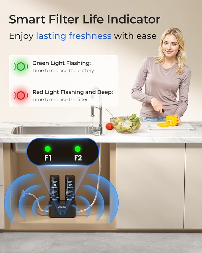 Waterdrop DLA Under Sink Water Filter, No Drilling Required, Reduces Chlorine, PFAS, Bad Taste/Odor, Under Sink Water Filtration System, 11000 Gallons, Life Indicator, 2 Stage, Quick Change