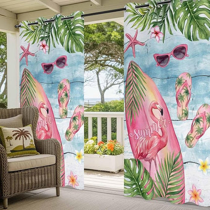 Summer Flamingbirds Outdoor Curtains for Patio Palm Leaves Plumeria Wood Waterproof Outside Curtains with Grommet Top Weatherproof Curtain for Cabana Pergola Gazebo, 1 Panel, 54" W x 108" L
