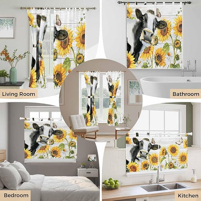 Retro Farmhouse Floral Living Room Curtains 84 Inch Length, Window Curtains Tab Top, Yellow Sunflowers Cows Butterfly Wood Light Filtering Window Treatments Drapes 52"x84" 2 Panel