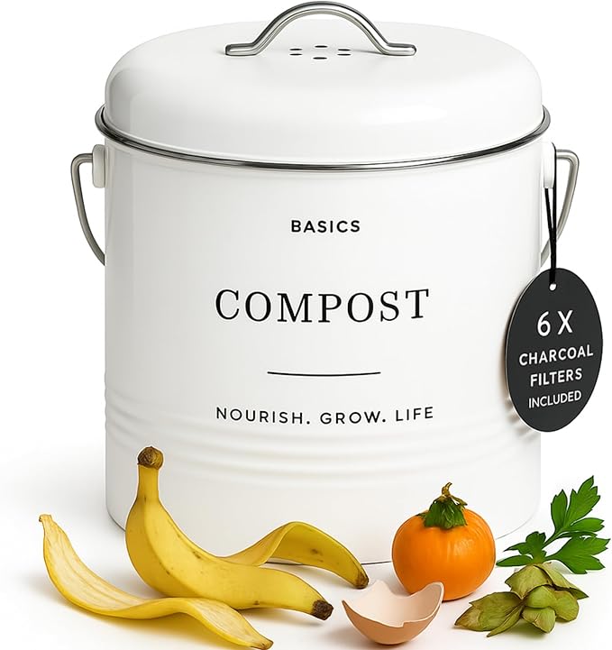 D'Lifeful Kitchen Compost Bin – 1.3 Gallon Countertop Farmhouse Compost Container with Lid – Odorless Indoor Food Scrap Pail with 6 Charcoal Filters – Eco-Conscious and Easy to Clean - White
