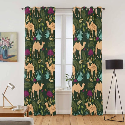 2 Panel Kitchen Cafe Curtains, Retro Desert Camel Sunlight Filtering Nature Air Through, Window Decor Tier Curtains for Living Room 80W x 84L inch Tropical Animal Aloe Vera Leaves Dark Green