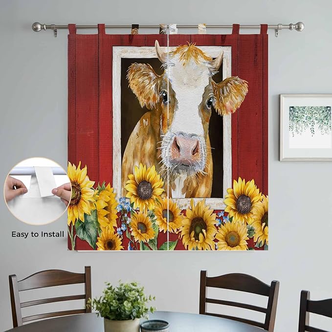 Cows Sunflowers Bathroom Curtains 63 Inch Length, Window Curtains Tab Top, Spring Floral Bees Farmhouse Barn Light Filtering Window Treatments Drapes 52"x63" 2 Panel